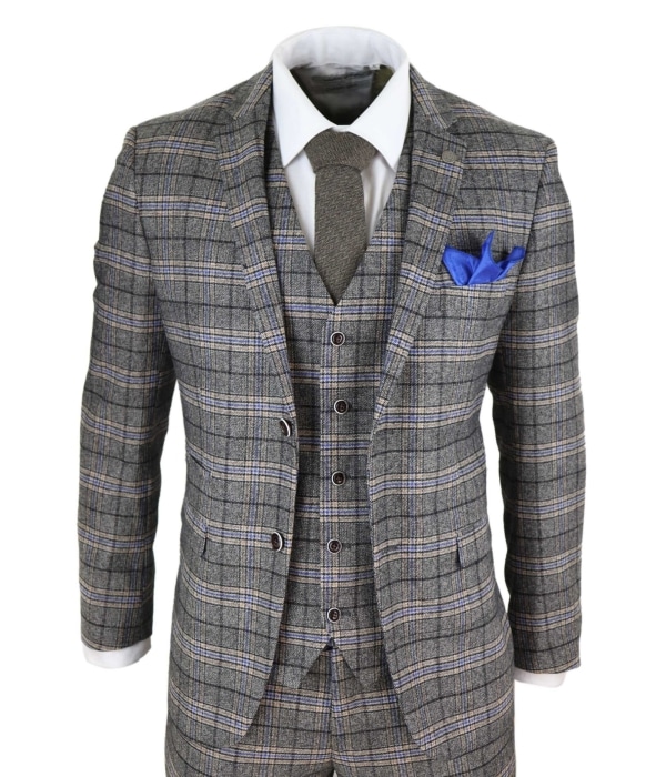 Mens Grey 3 Piece Tweed Check Suit