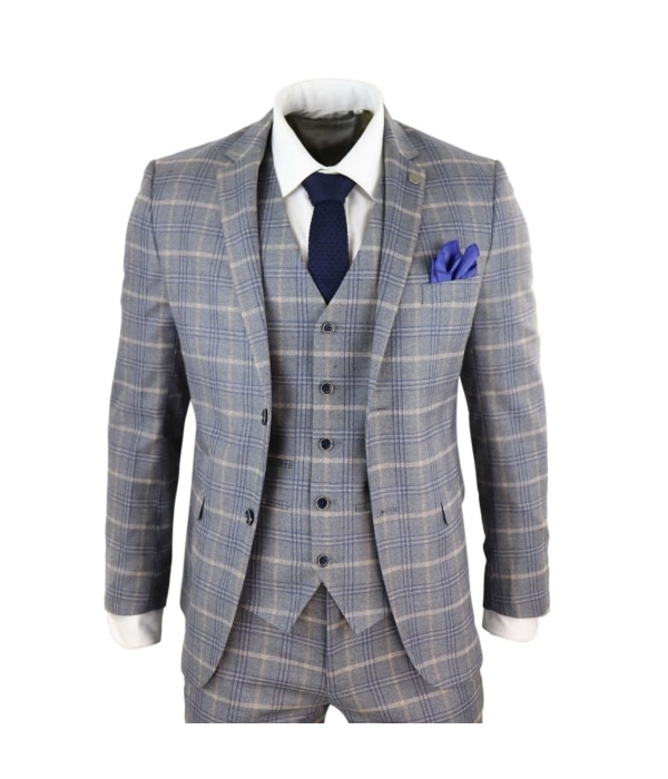 Mens Grey-Blue Check 3 Piece Suit - Paul Andrew Kenneth