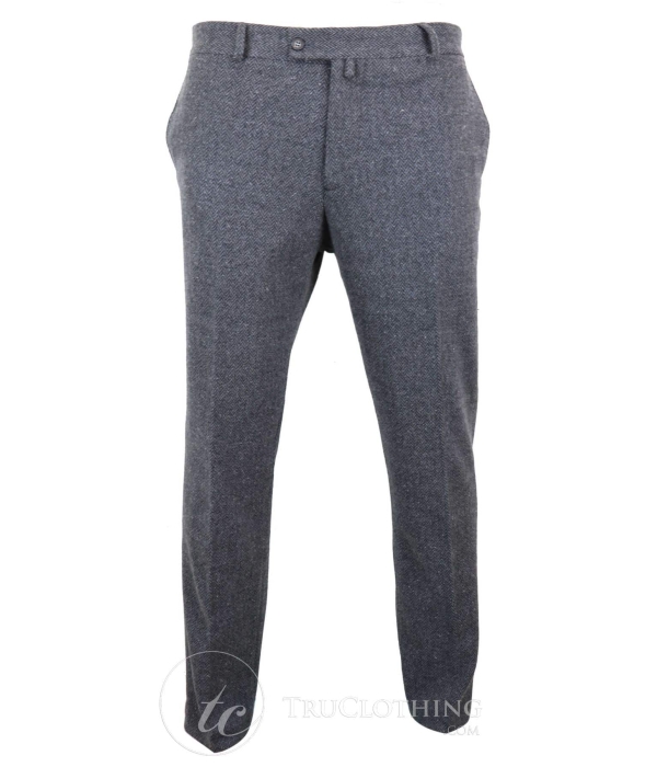 Mens Grey Charcoal Tweed Herringbone Wool Trousers - Charcoal