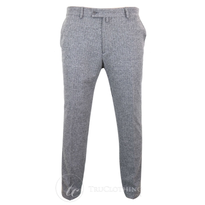 Mens Grey Charcoal Tweed Herringbone Wool Trousers - Grey