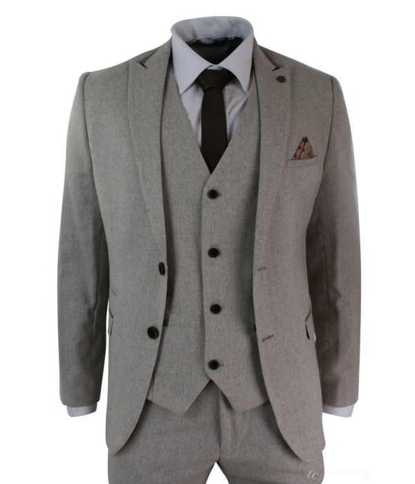 Mens Herringbone Tweed 3 Piece Suit Velvet Trim Classic Vintage Slim Fit Beige