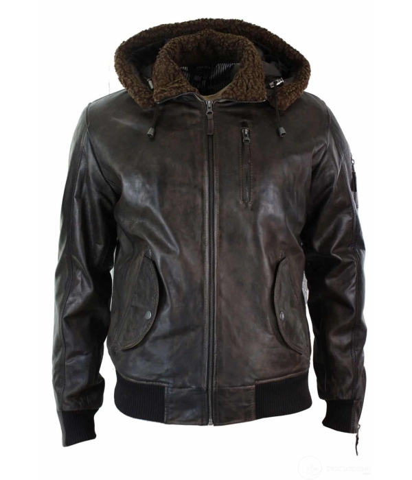 Mens Real Leather Hood Fur Jacket Bomber Aviator Vintage Brown Retro-Brown
