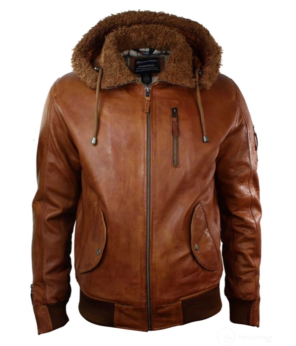 Mens Real Leather Hood Fur Jacket Bomber Aviator Vintage Brown Retro-Tan