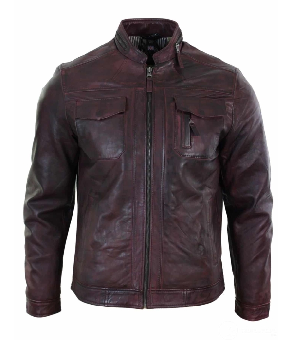 Real Leather Short Zipped Casual Wine Burgundy Retro Mens Biker Jacket Washed Vintage