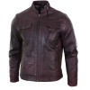 Real Leather Short Zipped Casual Wine Burgundy Retro Mens Biker Jacket Washed Vintage