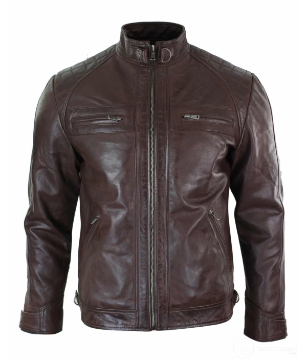 Real Leather Retro Style Zipped Mens Biker Jacket Soft Black Casual-Brown