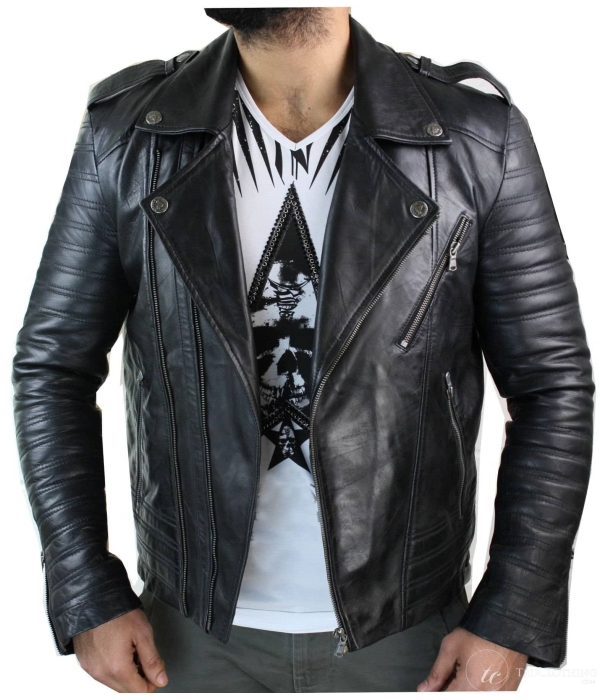 Real Leather Cross Zip Vintage Retro Mens Biker Jacket Black Urban Slim Fit-XXXL-Black