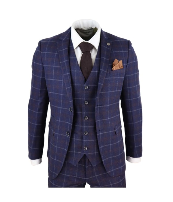 Mens Navy-Blue Check 3 Piece Suit - Paul Andrew Kenneth