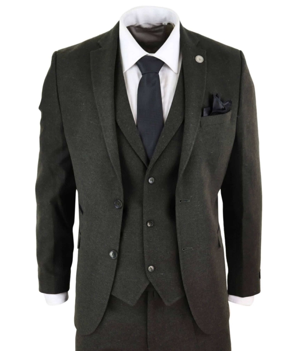 Mens Olive Green Wool Tweed 3 Piece Suit - STZ11