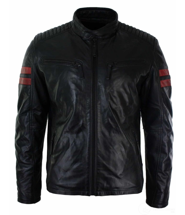 Black Real Leather Mens Bomber Jacket Red Stripes Quilted Slim Fit Casual-Black