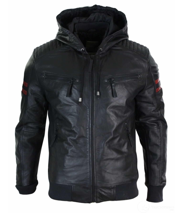 Mens Black Hood Real Leather Bomber Jacket Red Stripes Quilted Slim Fit Casual