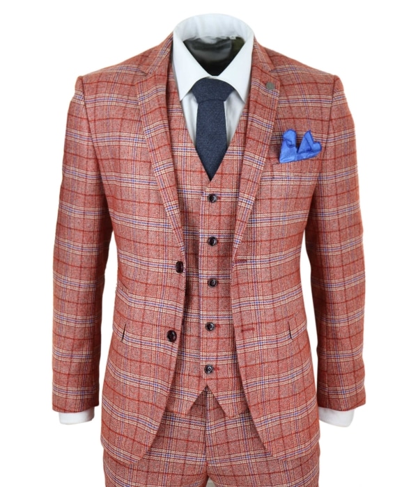 Mens Red 3 Piece Tweed Check Suit