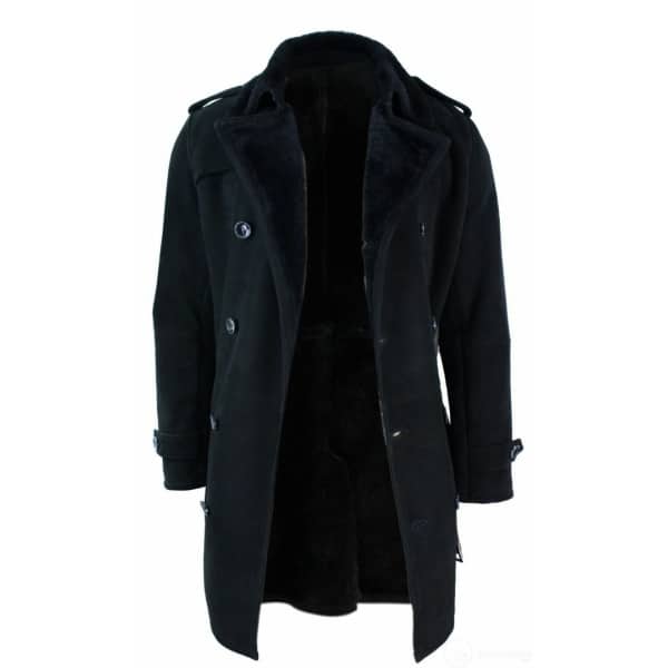 Mens Sherling Sheepskin Black Grey Double Breasted Belted 3/4 Overcoat