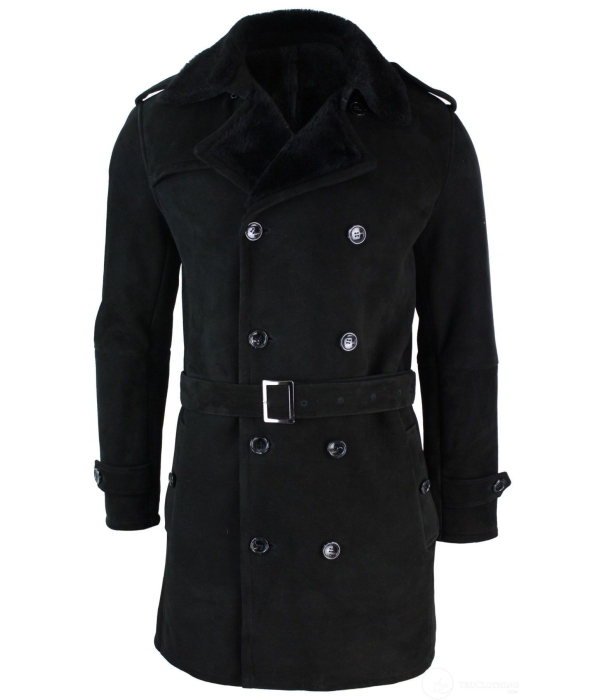 Mens Sherling Sheepskin Black Grey Double Breasted Belted 3/4 Overcoat