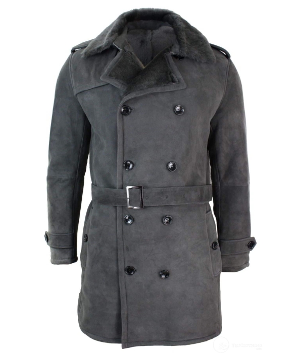 Mens Sherling Sheepskin Black Grey Double Breasted Belted 3/4 Overcoat