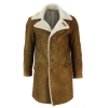 Mens Sherling Sheepskin Tan Brown 3/4 Overcoat Vintage Retro Winter Warm