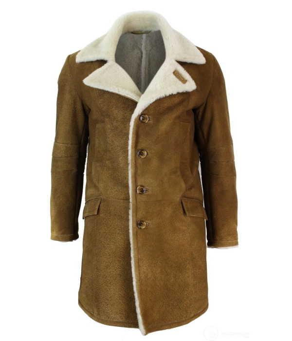 Mens Sherling Sheepskin Tan Brown 3/4 Overcoat Vintage Retro Winter Warm