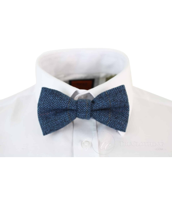 Mens Tweed Herringbone Textured Marc Darcy Bow Ties Vintage Retro Deon Blue