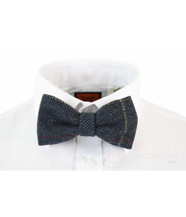 Mens Tweed Herringbone Textured Marc Darcy Bow Ties Vintage Retro Eton Navy Blue