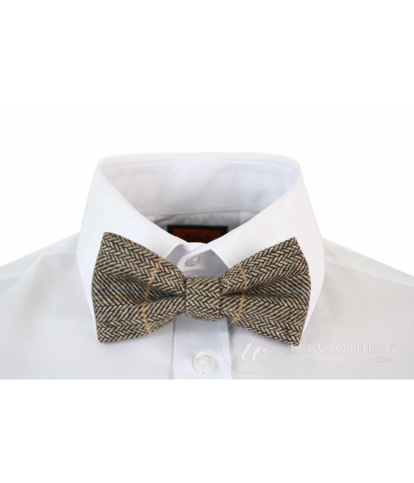 Mens Tweed Herringbone Textured Marc Darcy Bow Ties Vintage Retro Tan Brown
