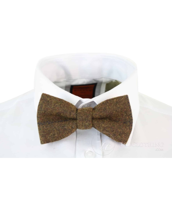 Mens Tweed Herringbone Textured Marc Darcy Bow Ties Vintage Retro Tan Brown Nelson