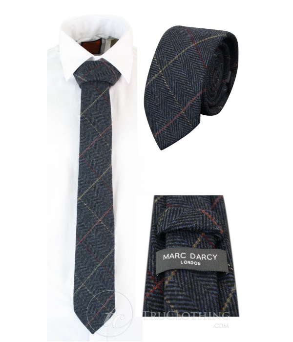 Mens Tweed Herringbone Textured Marc Darcy Ties Classic Vintage Retro Eton Navy Blue
