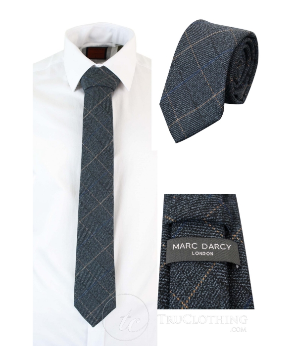 Mens Tweed Herringbone Textured Marc Darcy Ties Classic Vintage Retro Scott Blue