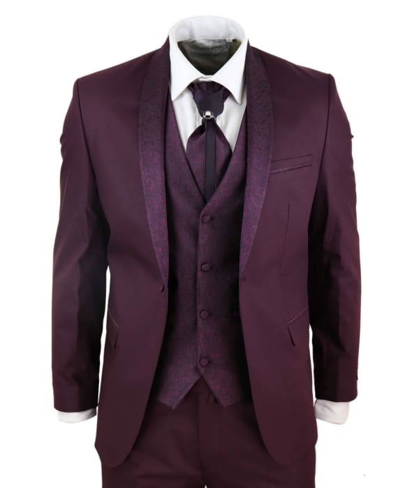 Mens Wine 4 Piece Shawl Lapel Suit