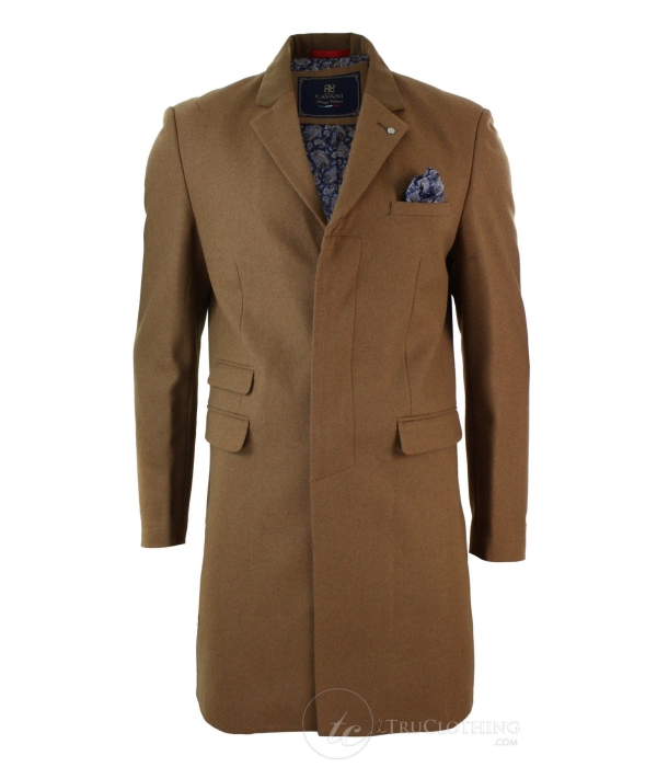 Mens Winter Over Coat 3/4 Trench Jacket Herringbone Long Velvet Trim Button-Tan