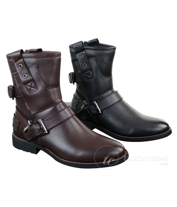Mens Zip Punk Rock Goth Emo Ankle Boots Brown Black Leather Buckle
