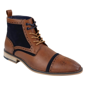Mens Tan/Navy Leather & Velvet Akle Boots