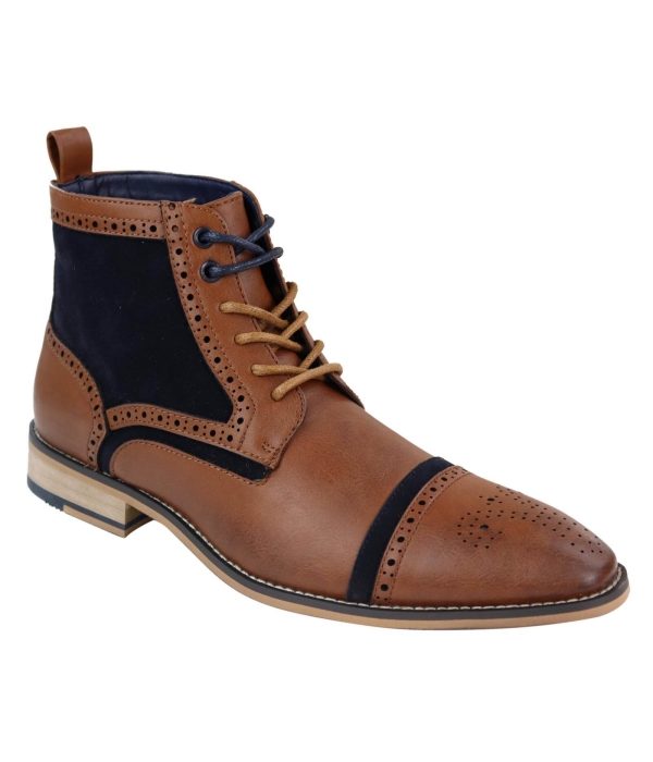 Mens Tan/Navy Leather & Velvet Akle Boots