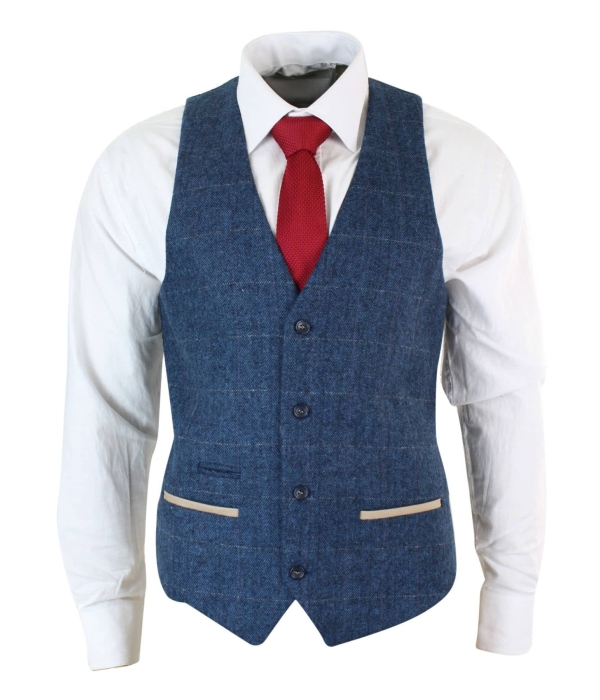 Mens Herringbone Tweed Vintage Check Waistcoat Velvet Trim Blue Brown Grey