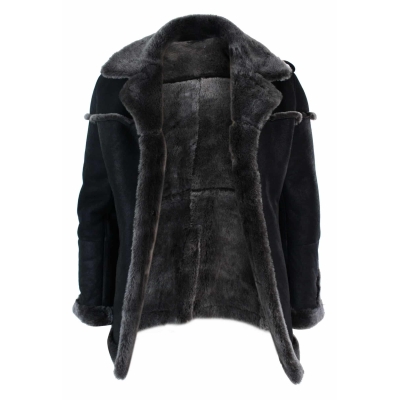 Infinity Ozzy Mens Double Breasted Real Sherling Navy Captain Sheepskin Jacket Belted Grey Black