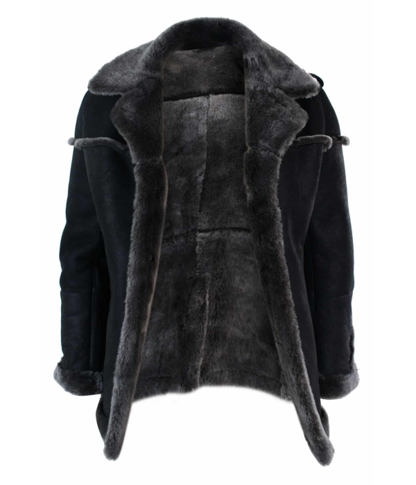 Infinity Ozzy Mens Double Breasted Real Sherling Navy Captain Sheepskin Jacket Belted Grey Black