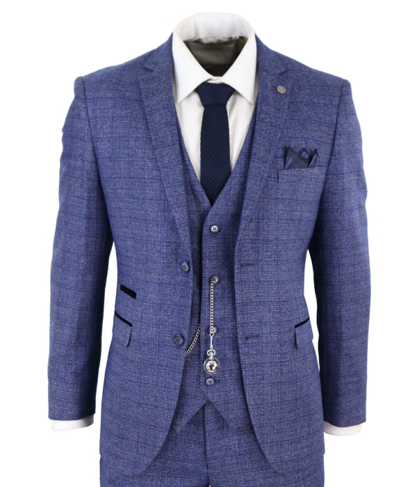 Mens Tweed Blue 3 Piece Check Suit Pocket Watch Tailored Fit Peaky Blinders