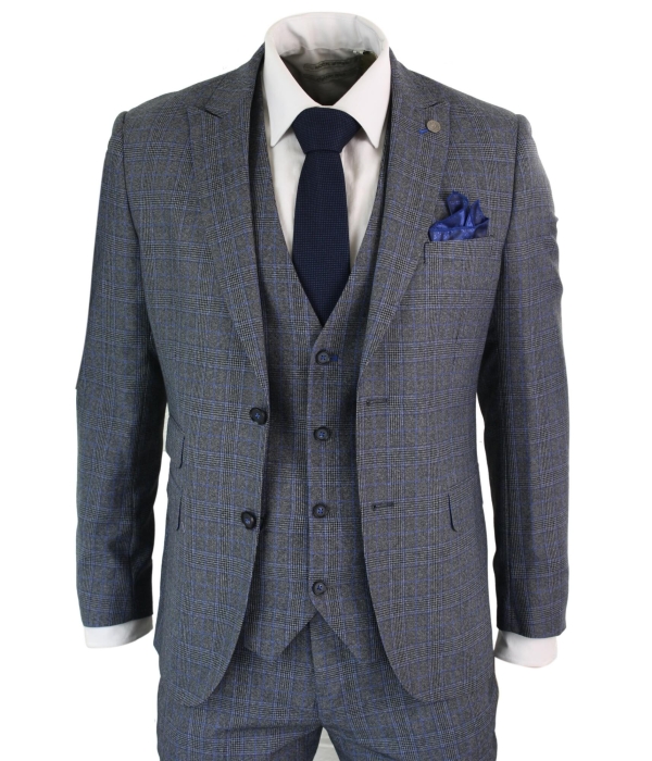 Paul Andrew Henry - Mens 3 Piece Tailored Fit Prince Of Wales Check Grey Blue Tweed Suit Vintage Retro