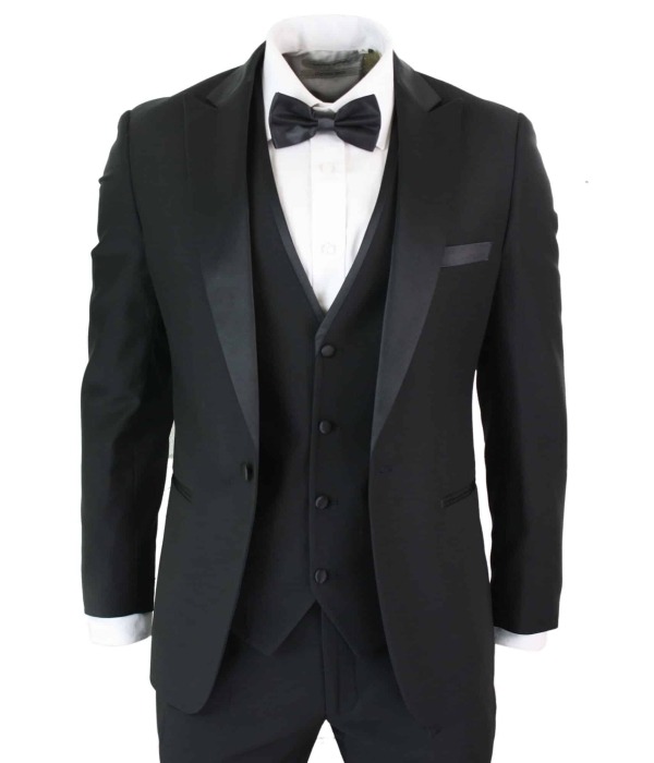 Paul Andrew Regent Black - Mens 3 Piece Black Classic Satin Tuxedo Dinner Suit Tailored Fit Wedding Prom