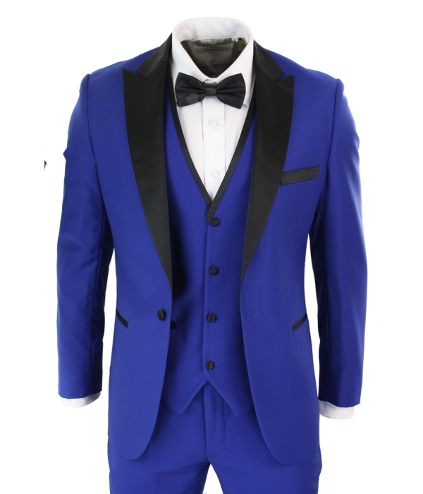 Paul Andrew Regent Blue - Mens 3 Piece Blue Black Satin Tuxedo Dinner Suit Tailored Fit Wedding Prom Groom