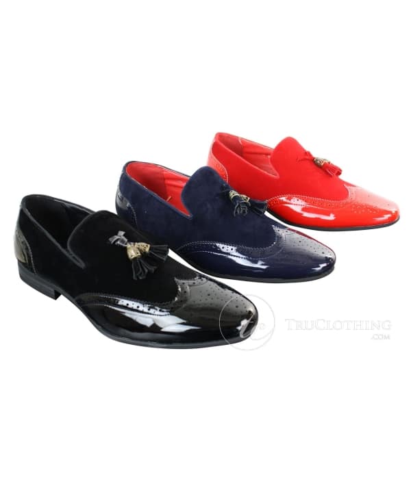 Patron 239-10 Mens Slip On Tassel Driving Shoes Shiny Black Patent Leather PU Suede Loafers