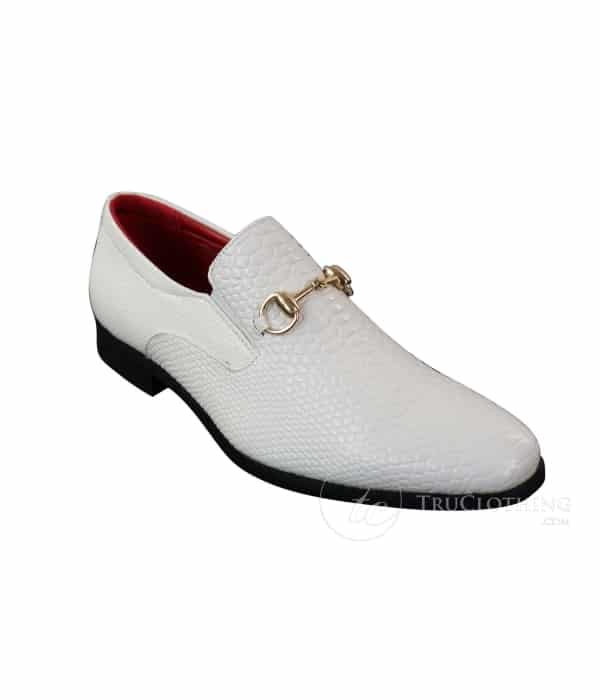 Patron 80058 - Mens White Black Patent Shiny Slip On PU Snake Crocodile Leather Shoes Gold Buckle