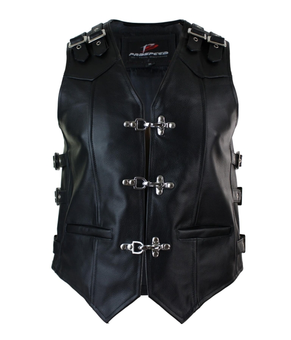 Mens Real Hide Leather Biker Motorcycle Waistcoat Vest Buckle Belted Hook