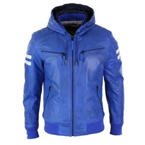 Men’s Realy Leather Bomber Jacket with Hood-Blue