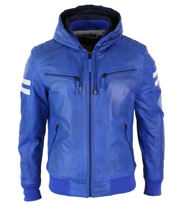 Men's Realy Leather Bomber Jacket with Hood-Blue
