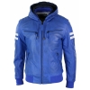 Men's Realy Leather Bomber Jacket with Hood-Blue