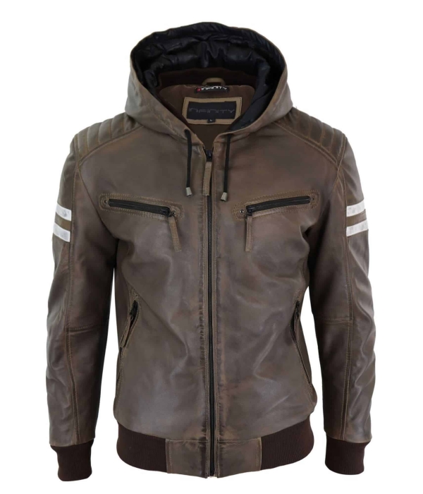 Men's Real Leather Bomber Jacket with Hood-Brown