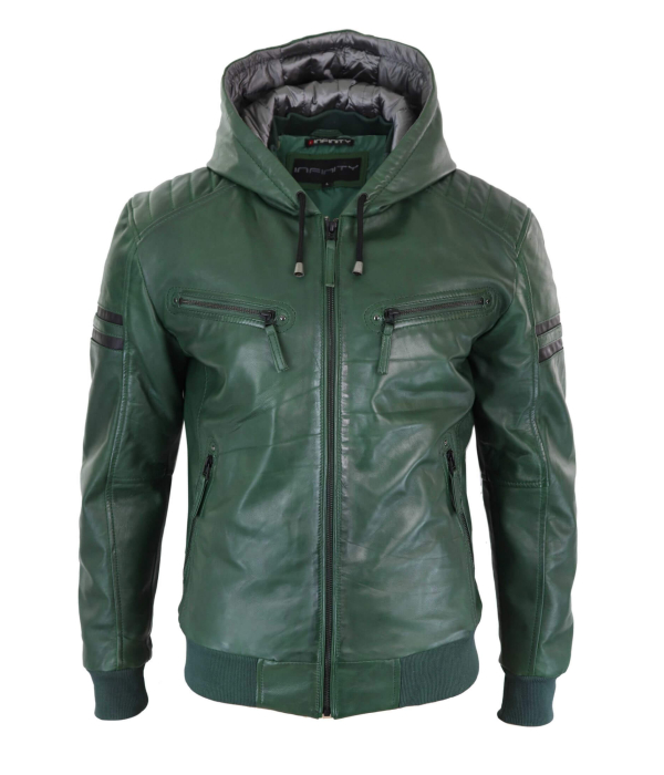 Men's Real Leather Bomber Jacket with Hood-Green