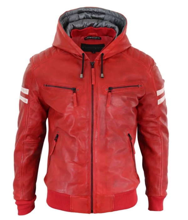 Men's Real Leather Bomber Jacket with Hood-Red