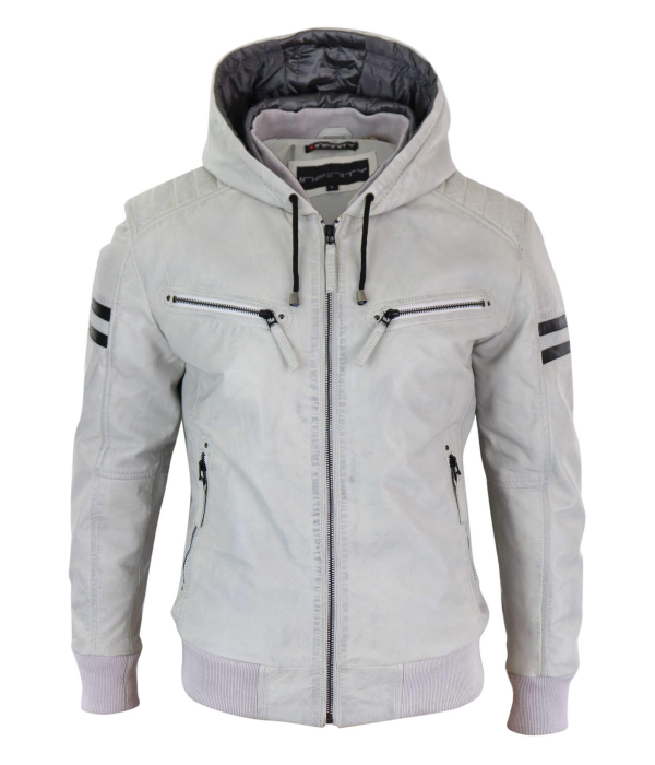 Men's Real Leather Bomber Jacket with Hood-White