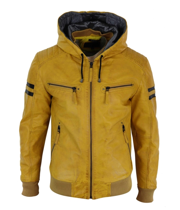 Men's Real Leather Bomber Jacket with Hood-Yellow